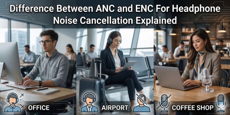 anc and enc for headphone noise cancellation explained with banner image showing users communicating in the office, airport and coffee shop