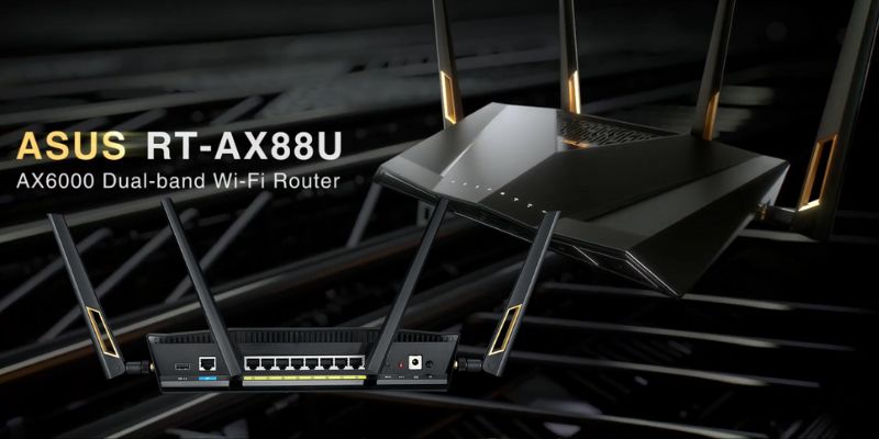 asus rt-ax88u wireless router with left side front and rear view on display
