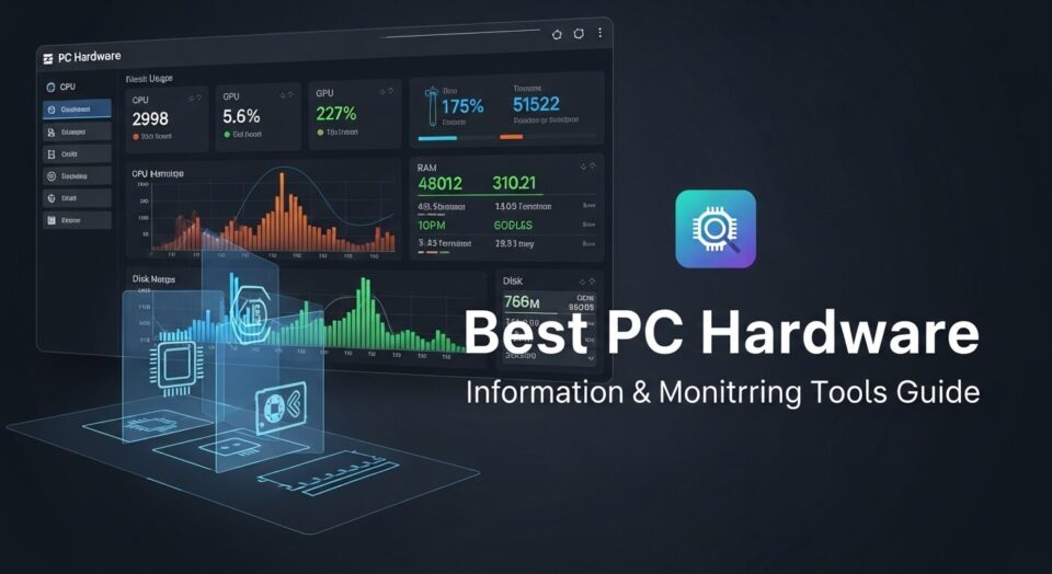 banner with pc hardware information and monitoring data graphs