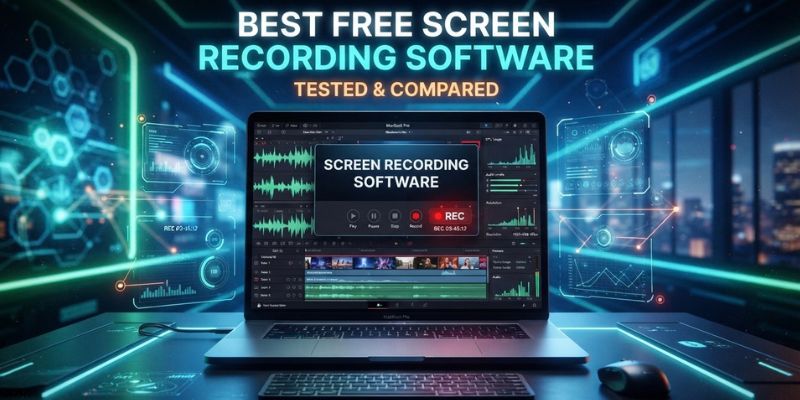 Laptop screen showing screen recording software interface, with 'Best Free Screen Recording Software Tested & Compared' banner text