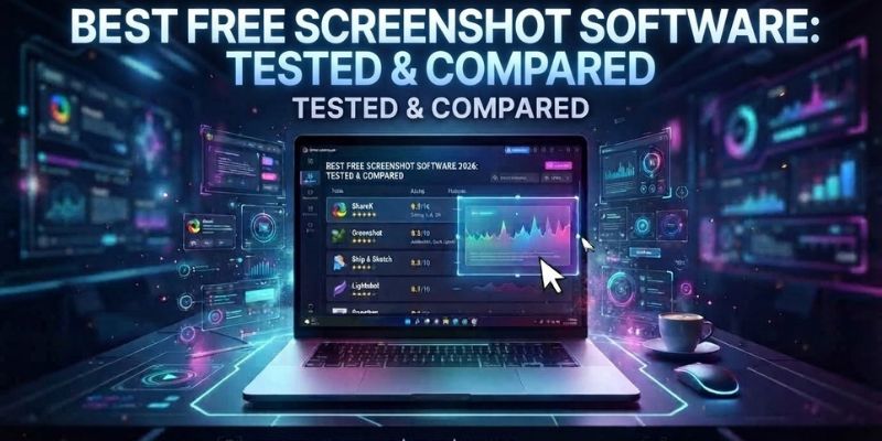 Best Free Screenshot Software 2026 banner with a laptop displaying a screenshot tool comparison list