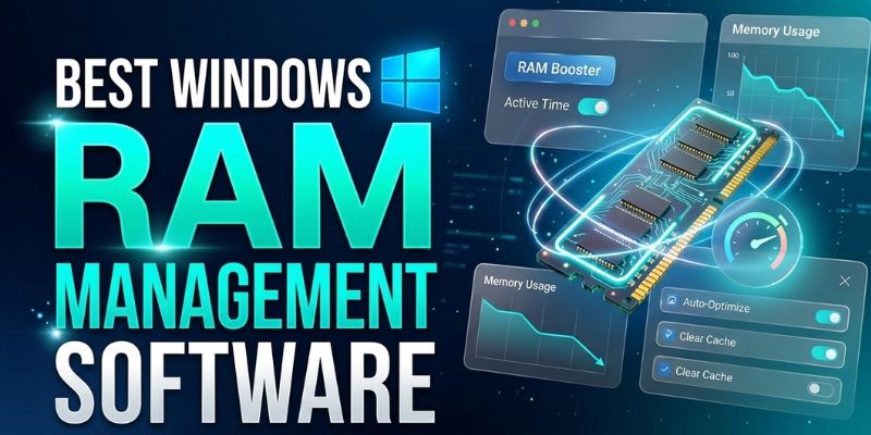 Best Windows RAM management software banner showing a glowing RAM module with memory usage graphs and optimiser toggles