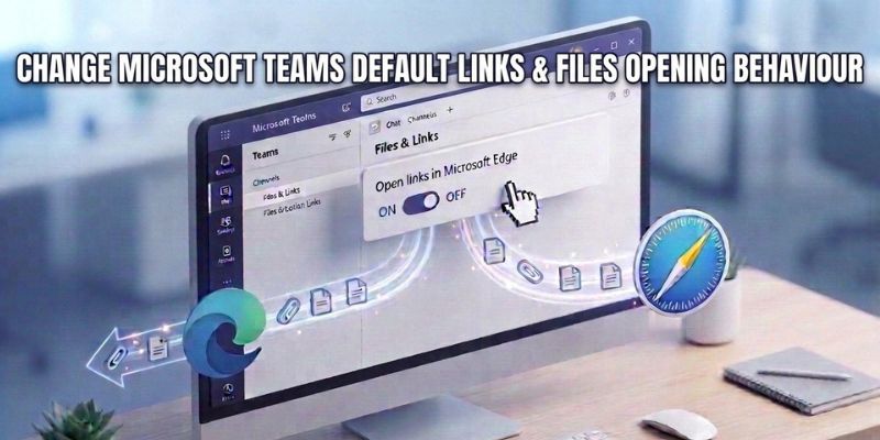 Illustration of a monitor with Microsoft Teams Files & Links settings, showing files switching from Microsoft Edge to Safari, with the heading 'Change Microsoft Teams Default Links & Files Opening