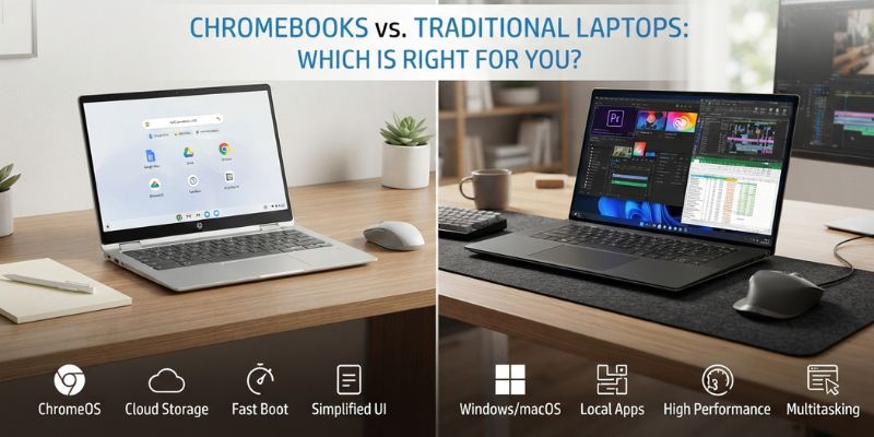 Chromebook and traditional laptop side by side comparing ChromeOS and Windows features