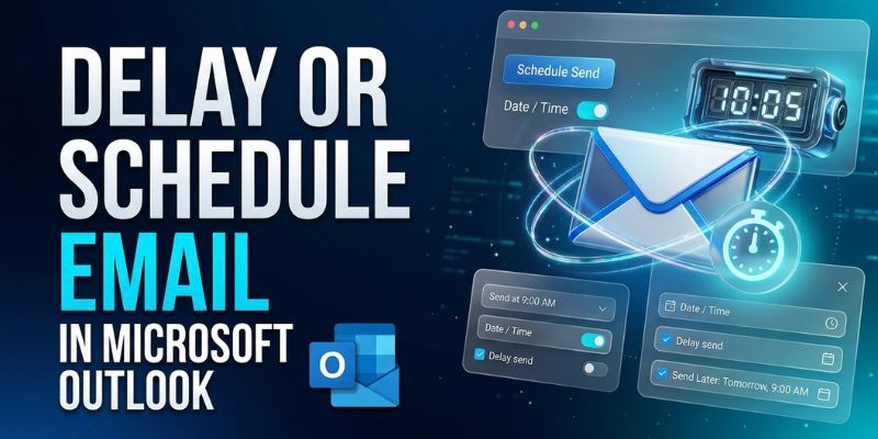 Delay or schedule email in Microsoft Outlook: Schedule Send and delay send options shown beside an envelope and clock