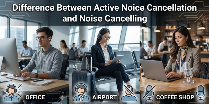 difference between active noise cancellation anc and environmental noise cancellation enc banner image showing users communicating in the office, airport and coffee shop