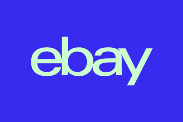 Light green eBay logo on a blue background