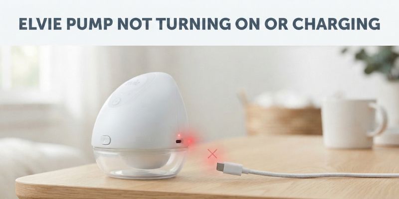 Elvie Pump with red charging light on, disconnected USB cable beside it, illustrating Elvie Pump not turning on or charging