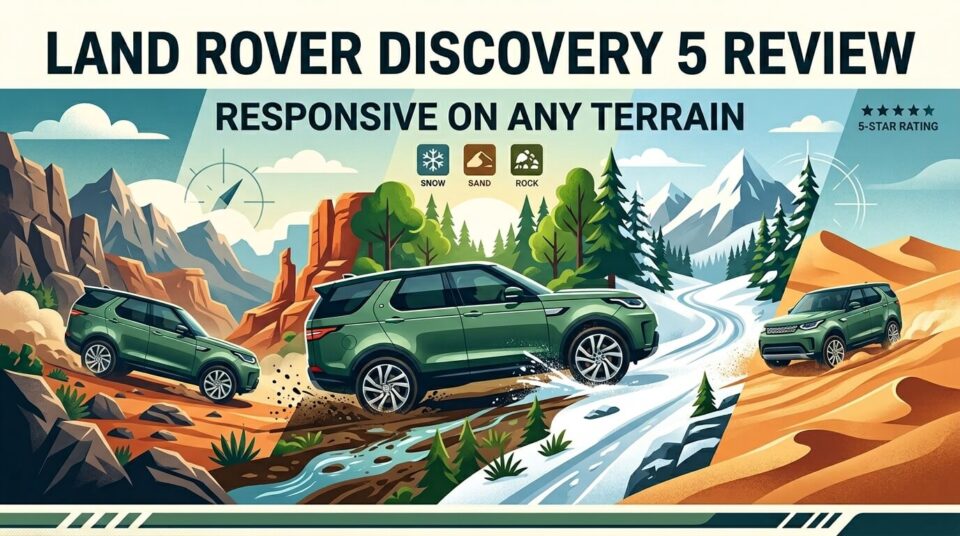 land rover discovery 5 banner with car driving on different terrains, snow, sand and rock.