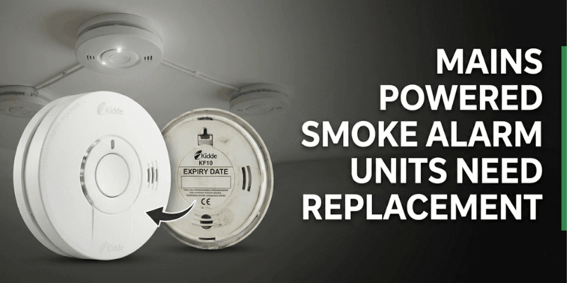 mains powered smok alarm replacement every 10 with banner image showing smoke alarm on ceiling