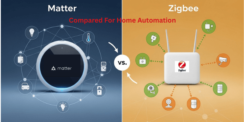 matter and zigbee smart home automation diagrams banner with text compared for home automation