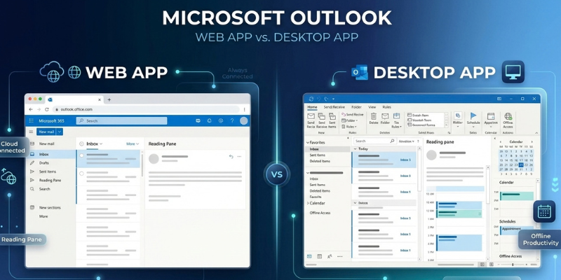 Microsoft Outlook web app in a browser compared with the Outlook desktop app, showing the inbox, reading pane and calendar side by side