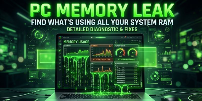 PC memory leak banner showing a laptop with green memory usage graphs, system overload warnings and dripping green code