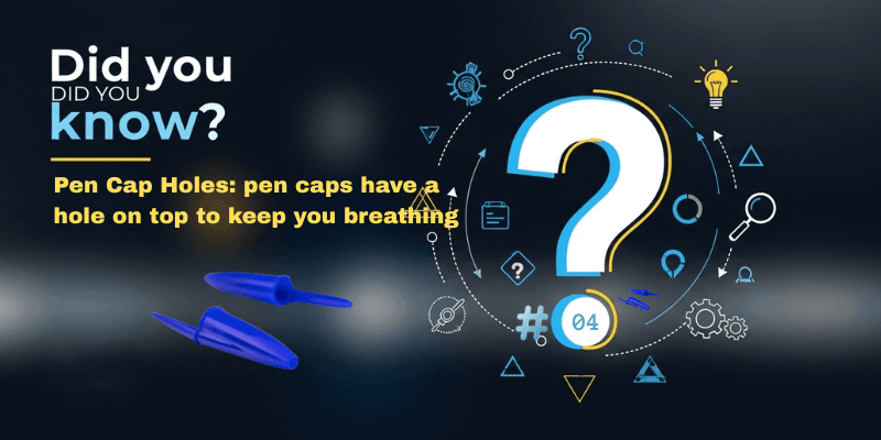 banner with text pen caps have holes on top to keep you breathing and an image of a blue pen cap