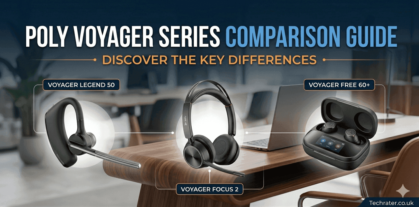 poly voyager legend 50, voyager focus 2 and voyager free 60+, headset comparison banner image