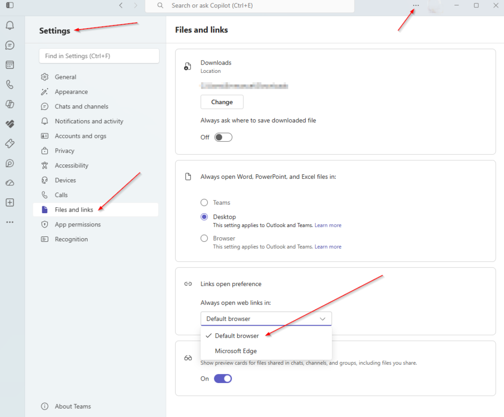 teams-files-and-links-settings Microsoft Teams Files and Links settings page with the Link Open Preference dropdown set to Default Browser