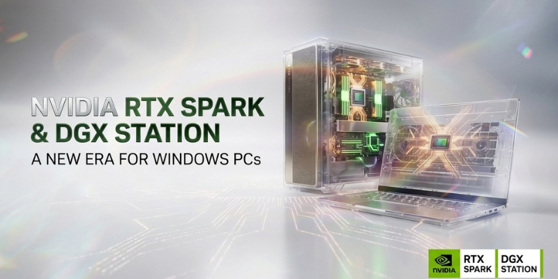 NVIDIA RTX Spark and DGX Station banner showing a compact desktop PC and a laptop with glowing internal chips, titled “A New Era for Windows PCs”